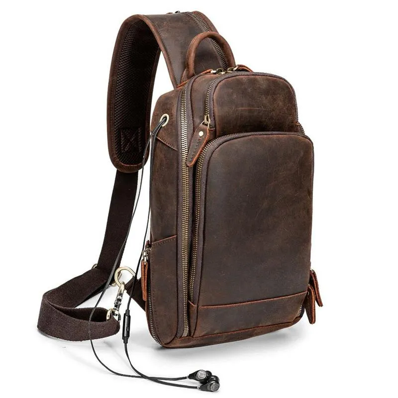 Badass Dark Brown Leather Men's Sling Bag Chest Bag Vintage One shoulder Backpack For Men