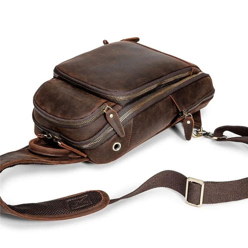 Badass Dark Brown Leather Men's Sling Bag Chest Bag Vintage One shoulder Backpack For Men