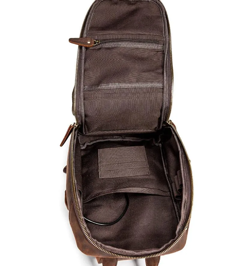 Badass Dark Brown Leather Men's Sling Bag Chest Bag Vintage One shoulder Backpack For Men