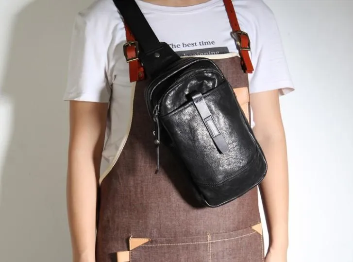 Black Leather Mens Cool Chest Bag Sling Bag Crossbody Pack Brown Travel SLing Pack for men