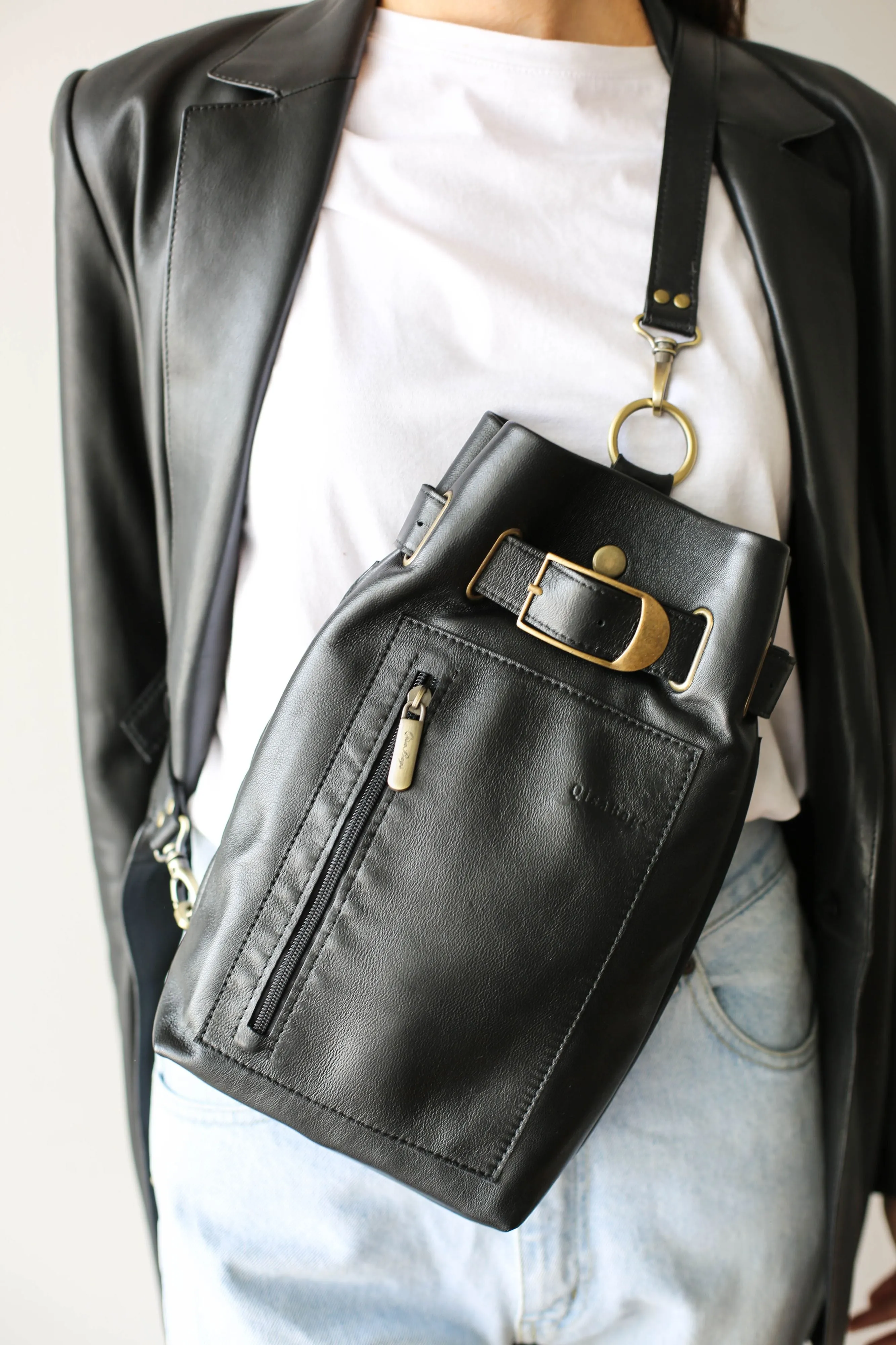 Black Leather Sling Backpack