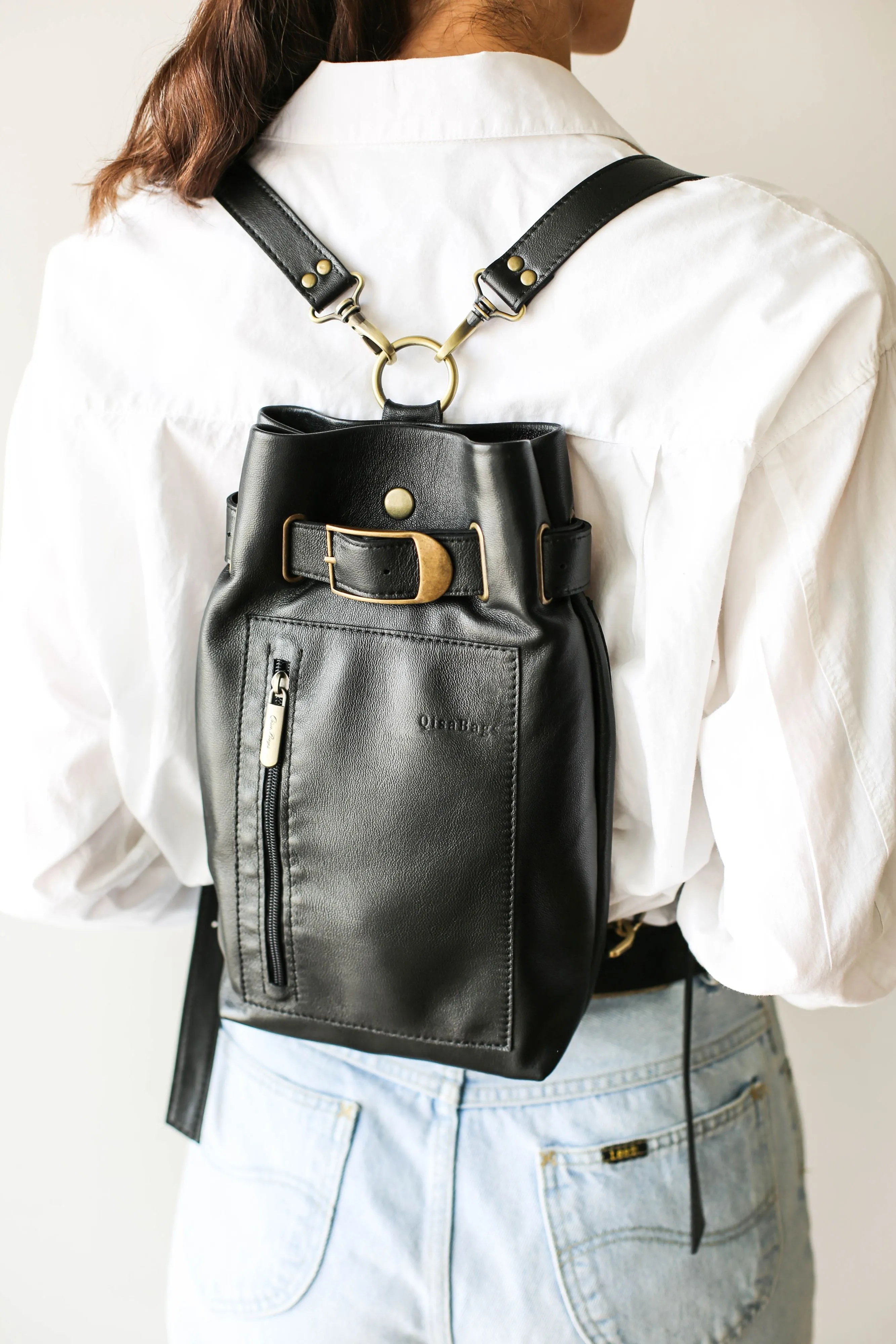 Black Leather Sling Backpack