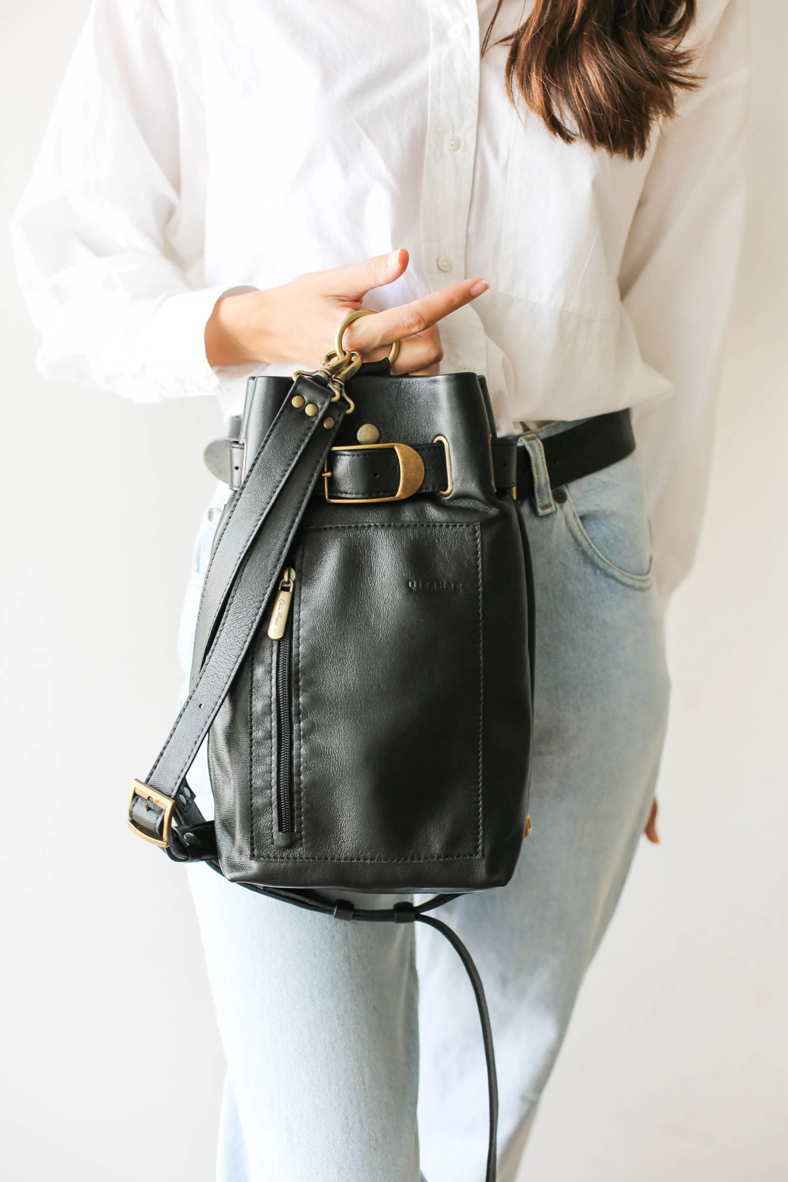 Black Leather Sling Backpack