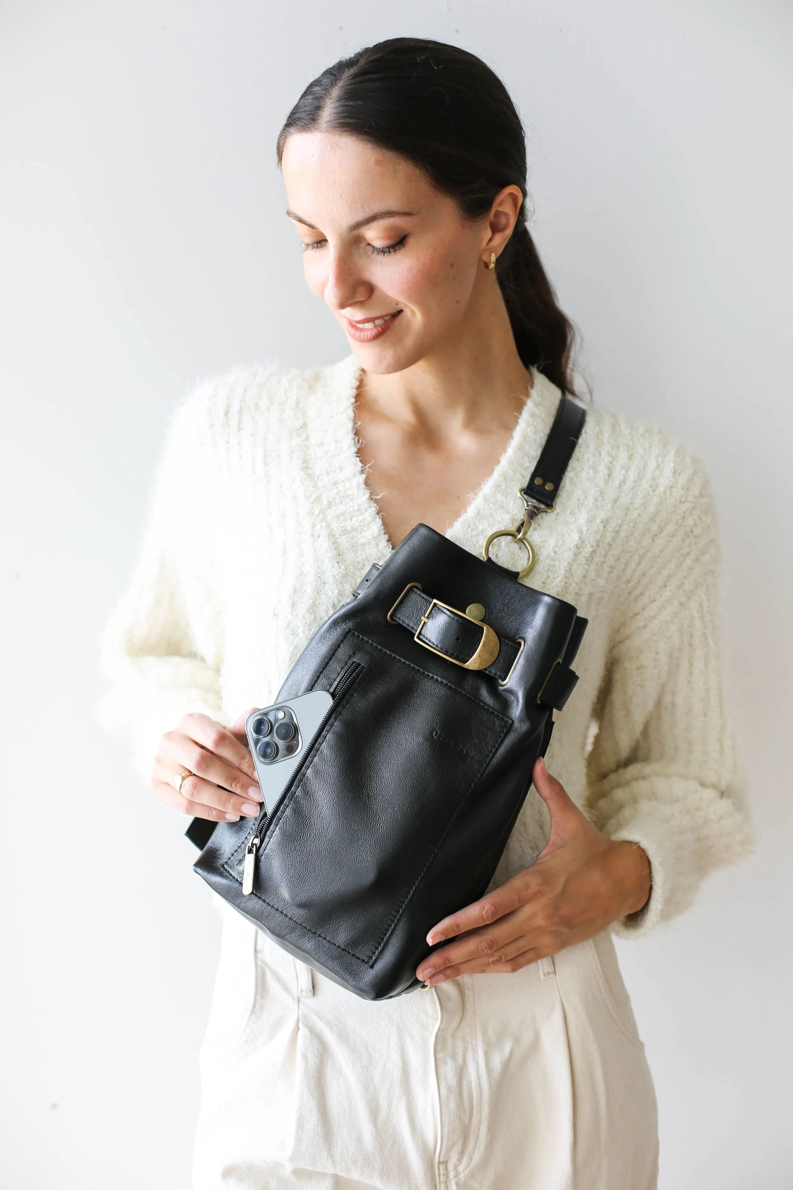 Black Leather Sling Backpack