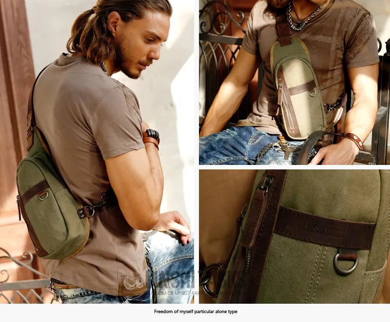 Blue Canvas Sling Backpack Men's Sling Bag Khaki Chest Bag Canvas One shoulder Backpack For Men