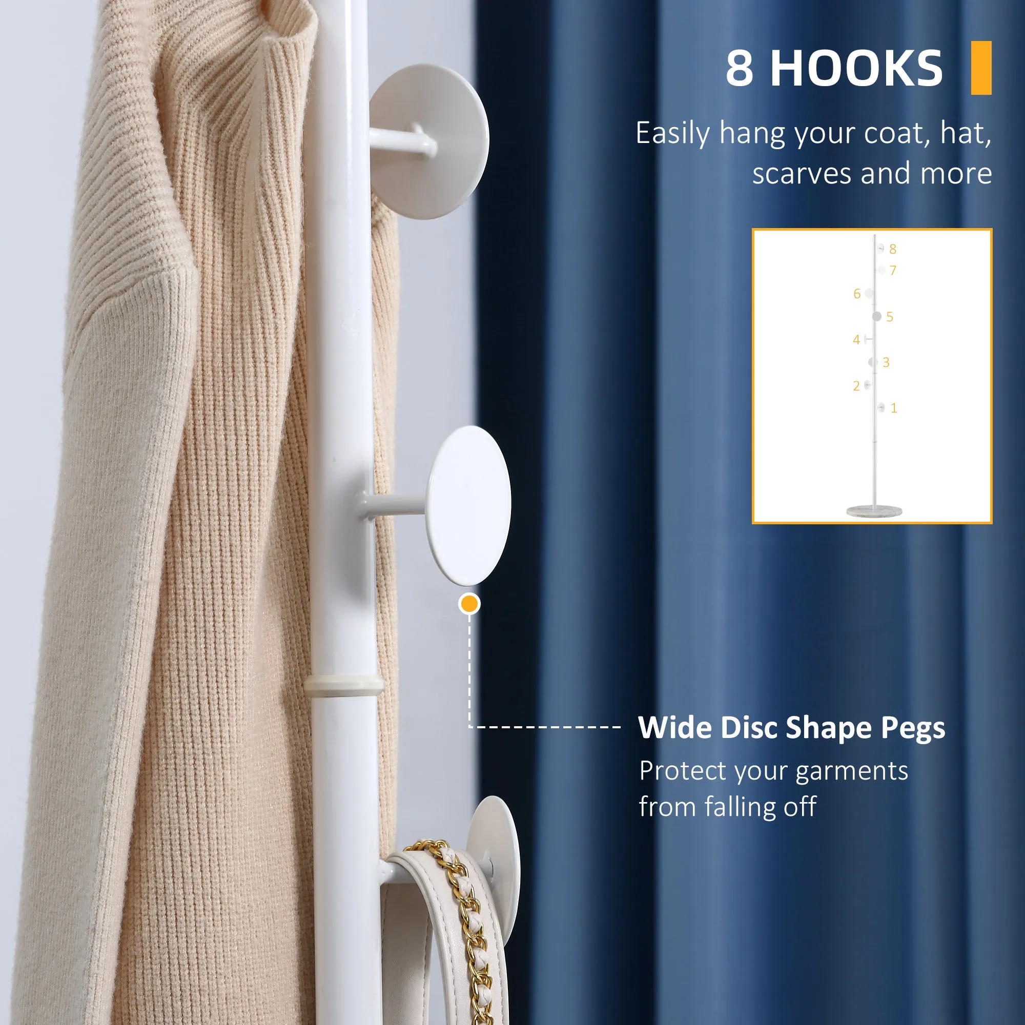 Coat Rack Free Standing Hall Tree with 8 Round Disc Hooks for Clothes, Hats,Purses, Steel Entryway Coat Stand w/ Marble Base White