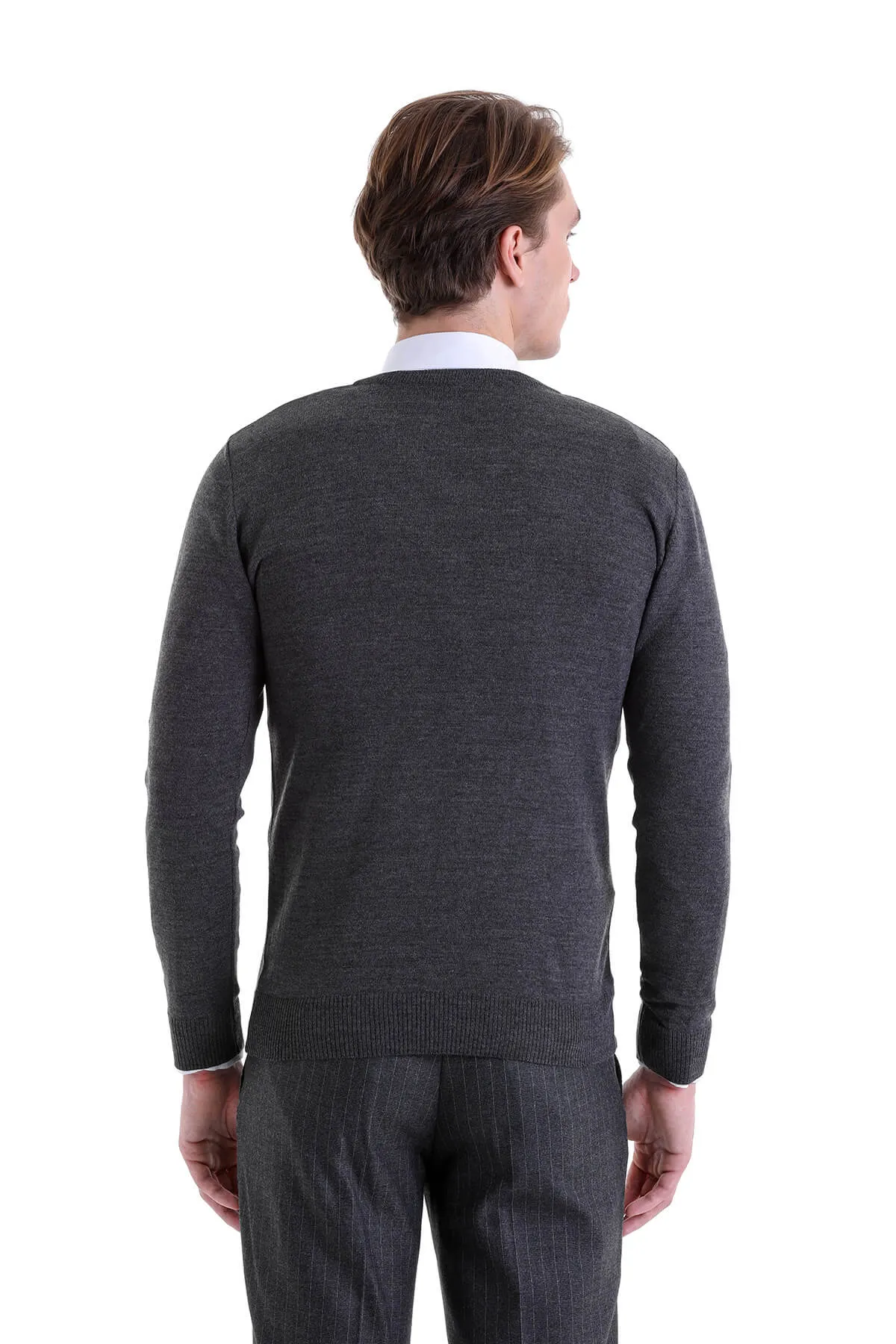 Comfort Fit Wool Blend Dark Gray V-Neck Sweater