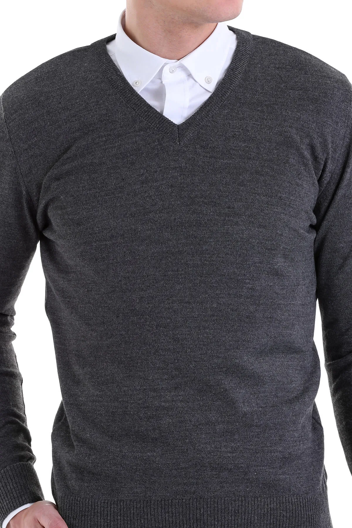 Comfort Fit Wool Blend Dark Gray V-Neck Sweater