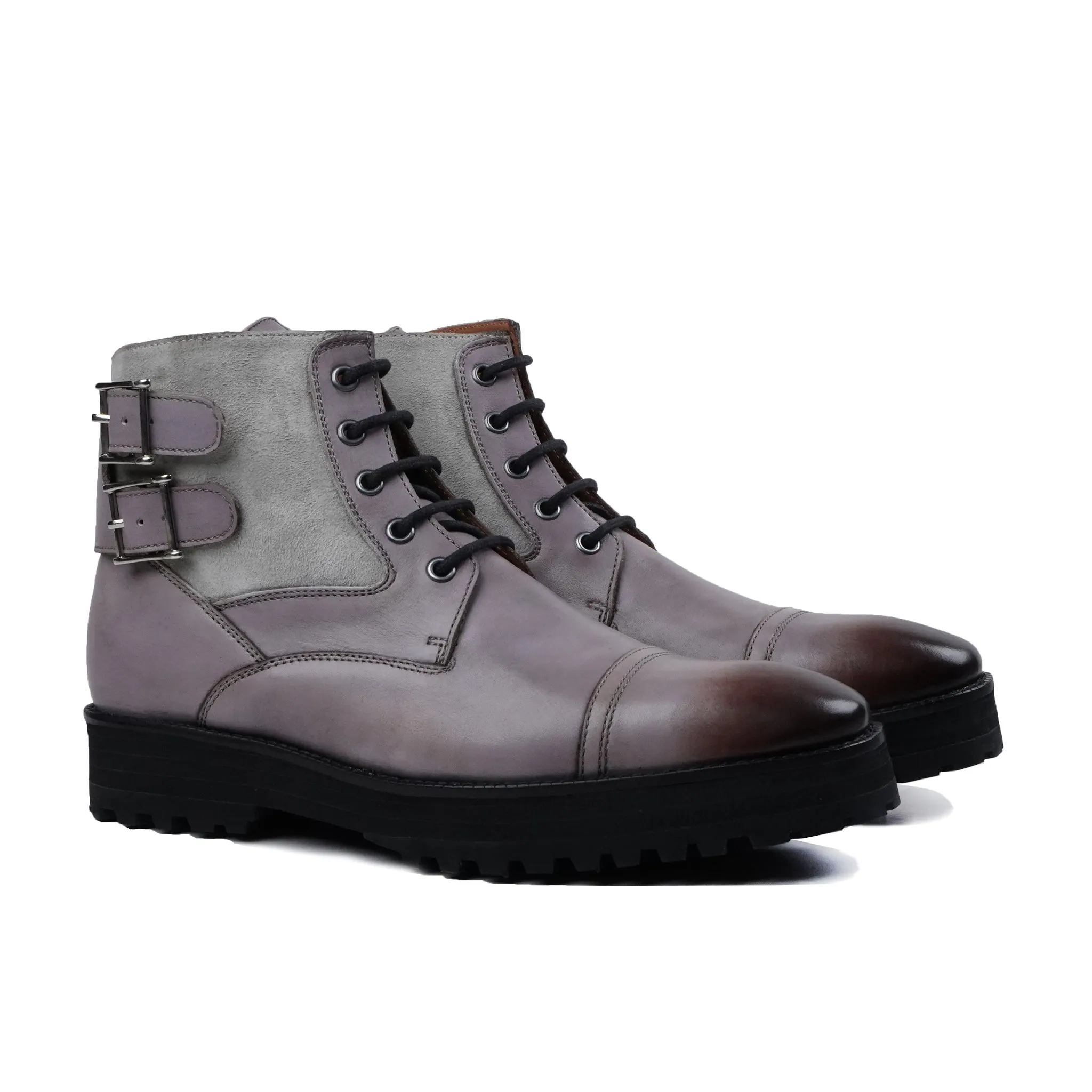 Henry - Men's  Burnished Grey Calf Leather and Steel Grey Kid Suede Boot