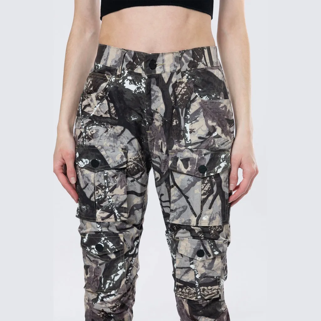 High Rise Stacked Utility Pants - Olive Hunting Camo