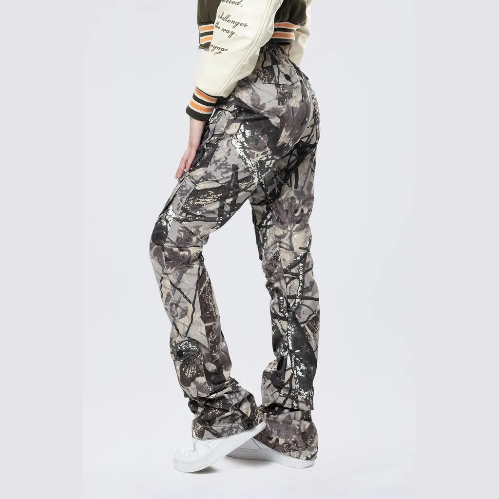 High Rise Stacked Utility Pants - Olive Hunting Camo