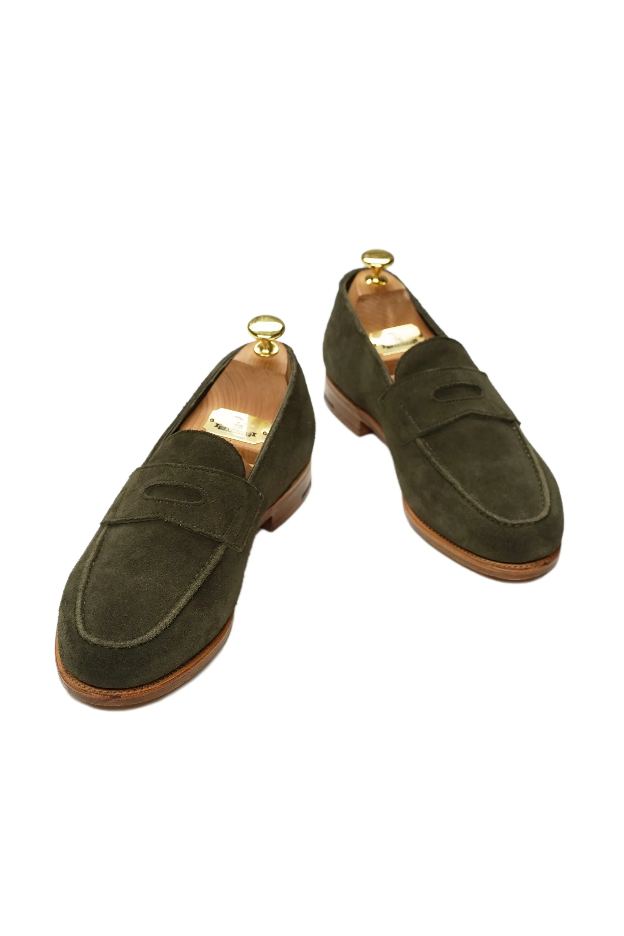 John Lobb "Lopez" Olive Unlined Suede Penny Loafers