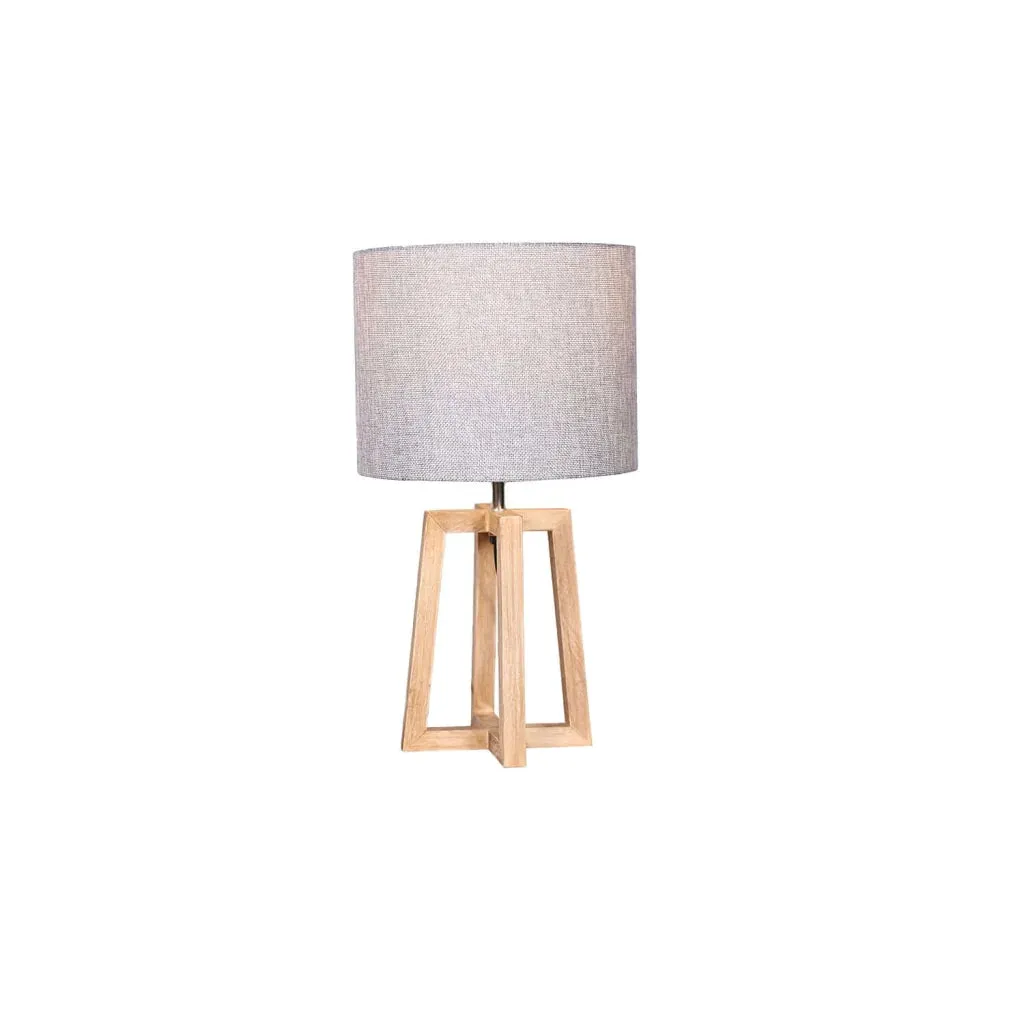 LAMP TABLE-LIGHT OAK WOODEN BASE-GREY FABRIC SHADE