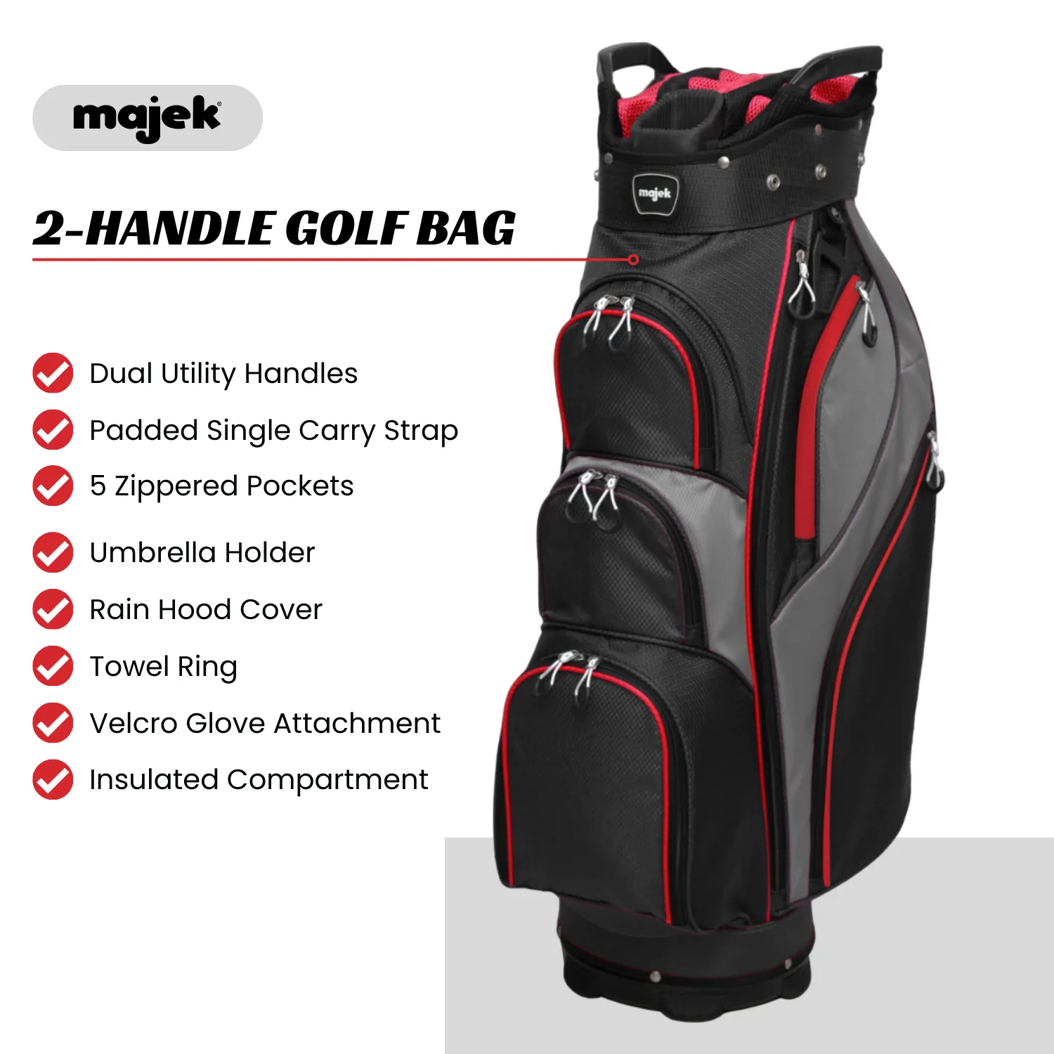 Majek Premium Black Red Charcoal Golf Bag 9.5 inch 14-Way Friendly Separator