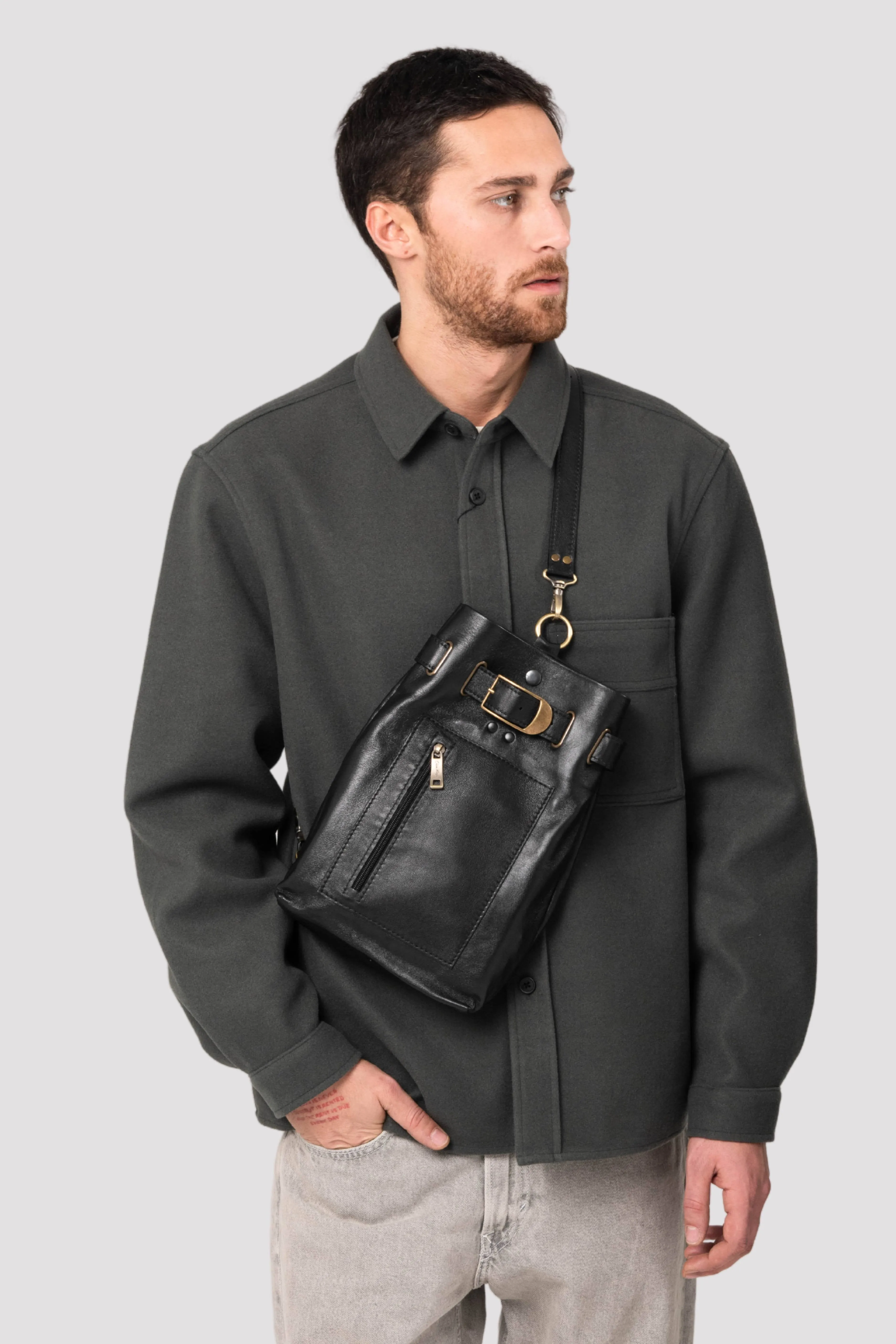 Men's Black Leather Sling Bag