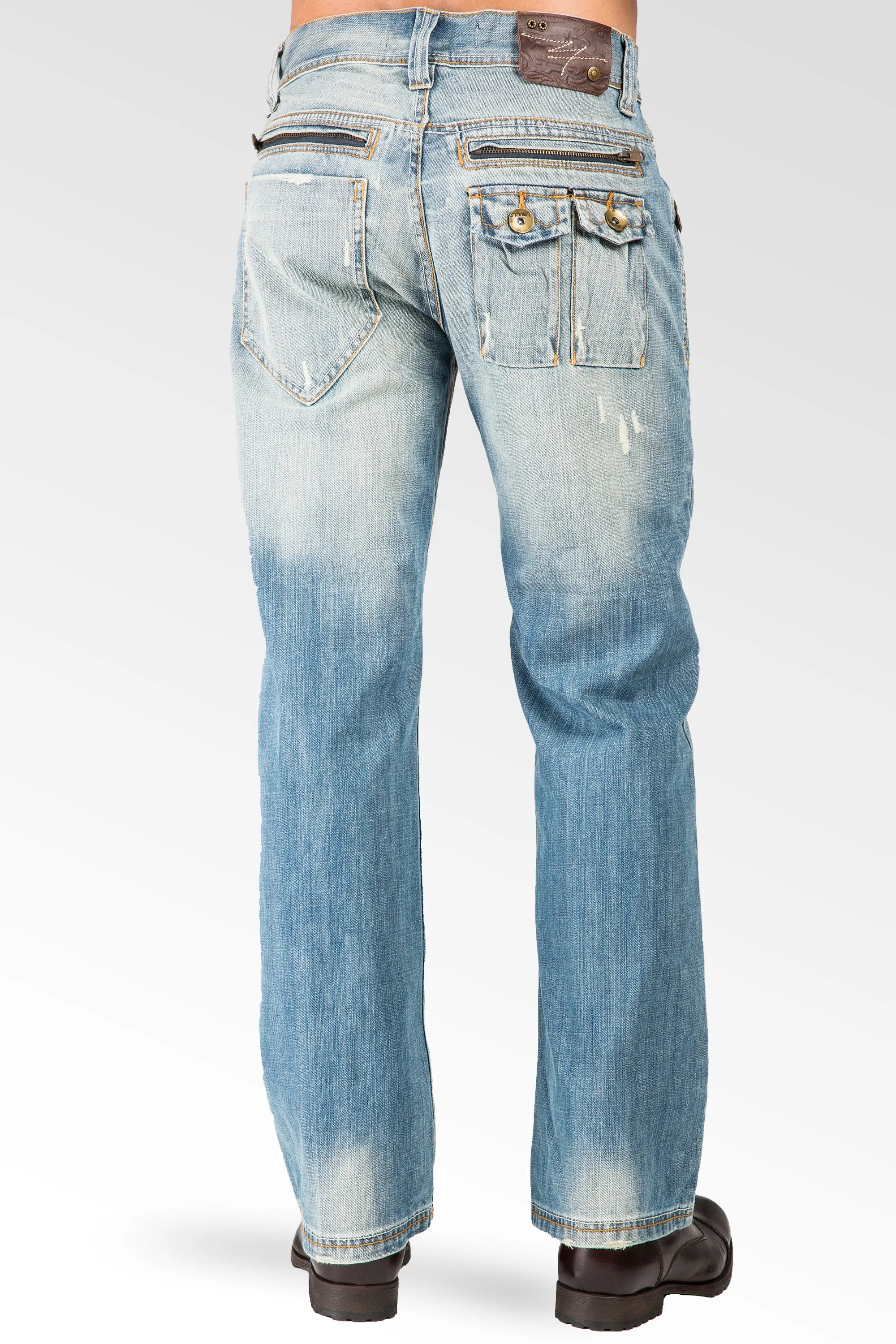 Men's Relaxed Bootcut Premium Denim Light blue Distressed Jean Zipper Utility Pocket