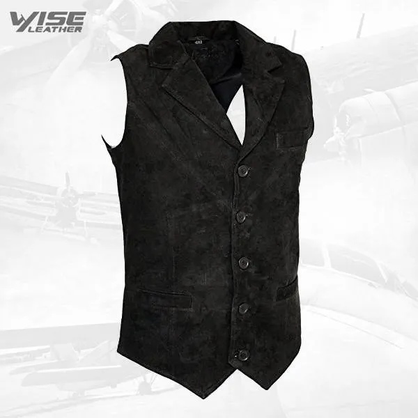 Men's Smart Black Suede Leather Waistcoat