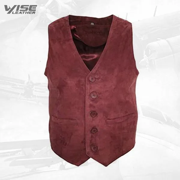 Men's Smart Burgundy Suede Leather Waistcoat