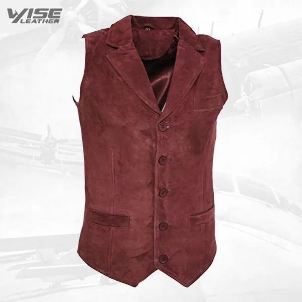 Men's Smart Burgundy Suede Leather Waistcoat