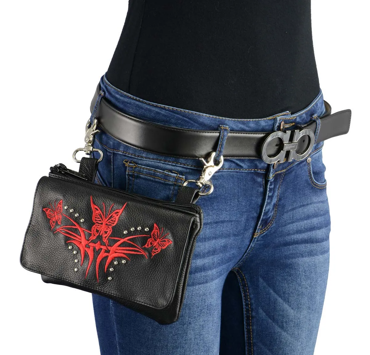 Milwaukee Leather MP8851 Women's Black and Red Leather Multi Pocket Belt Bag