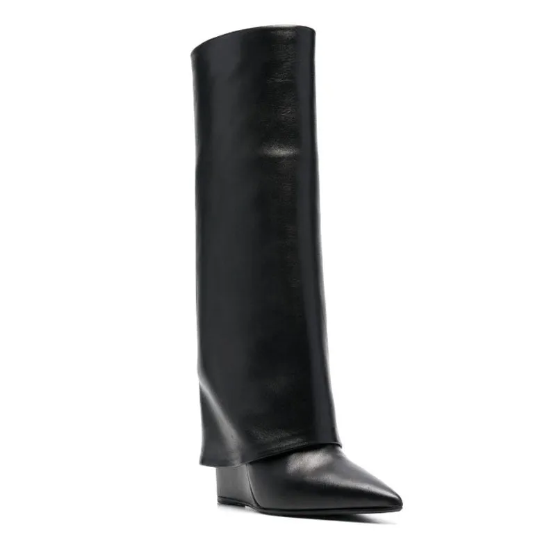 Pre Order:  Black Pointed Toe High Wedge Heel Knee High Boots