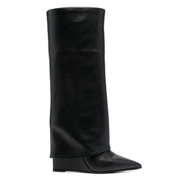 Pre Order:  Black Pointed Toe High Wedge Heel Knee High Boots