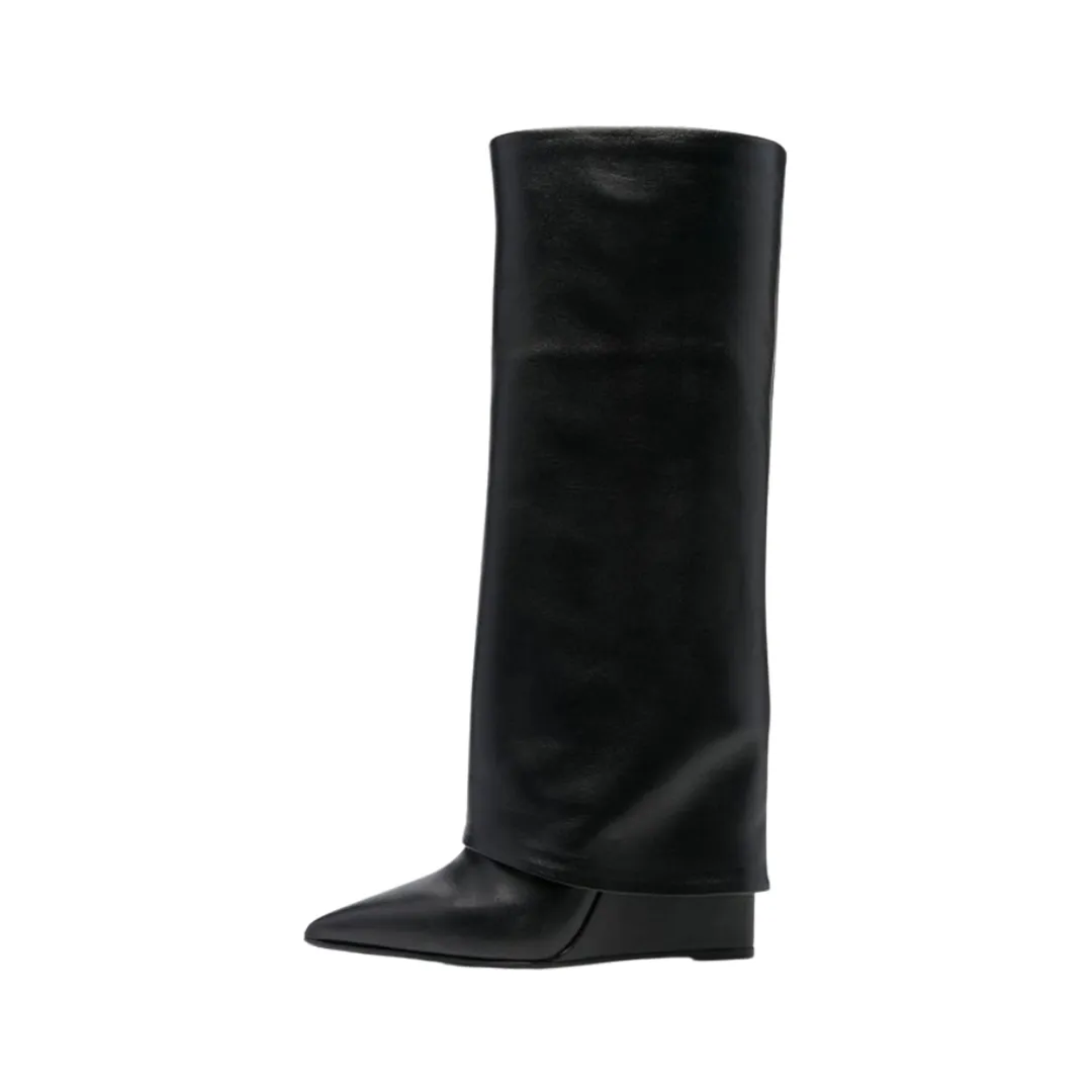 Pre Order:  Black Pointed Toe High Wedge Heel Knee High Boots