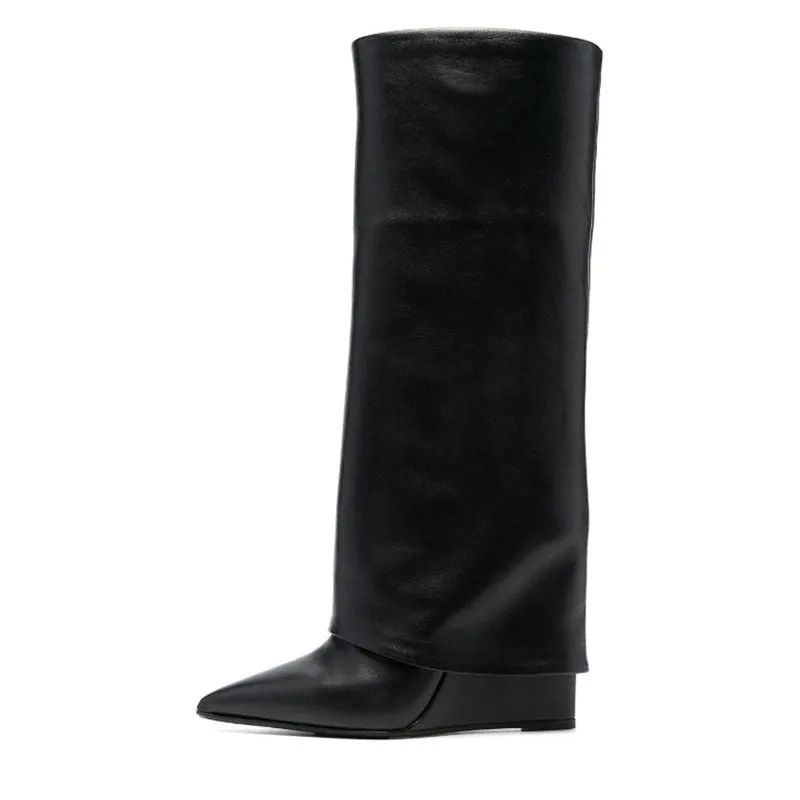 Pre Order:  Black Pointed Toe High Wedge Heel Knee High Boots