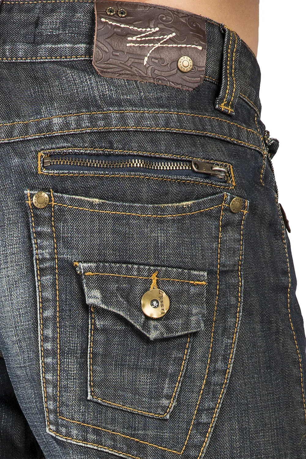 Relaxed Straight Dark Vintage Zip Premium Denim Zip utility Pocket Jeans Hand Sanding