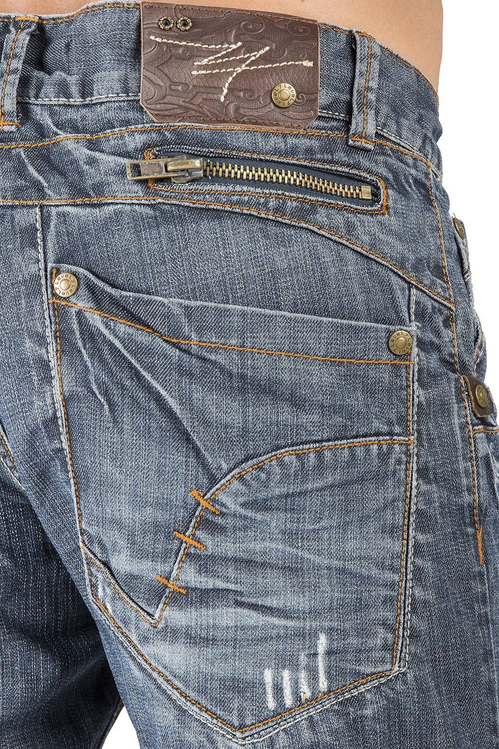 Relaxed Straight Medium Blue Distressed Premium Denim Jeans Zipper Trim Pocket