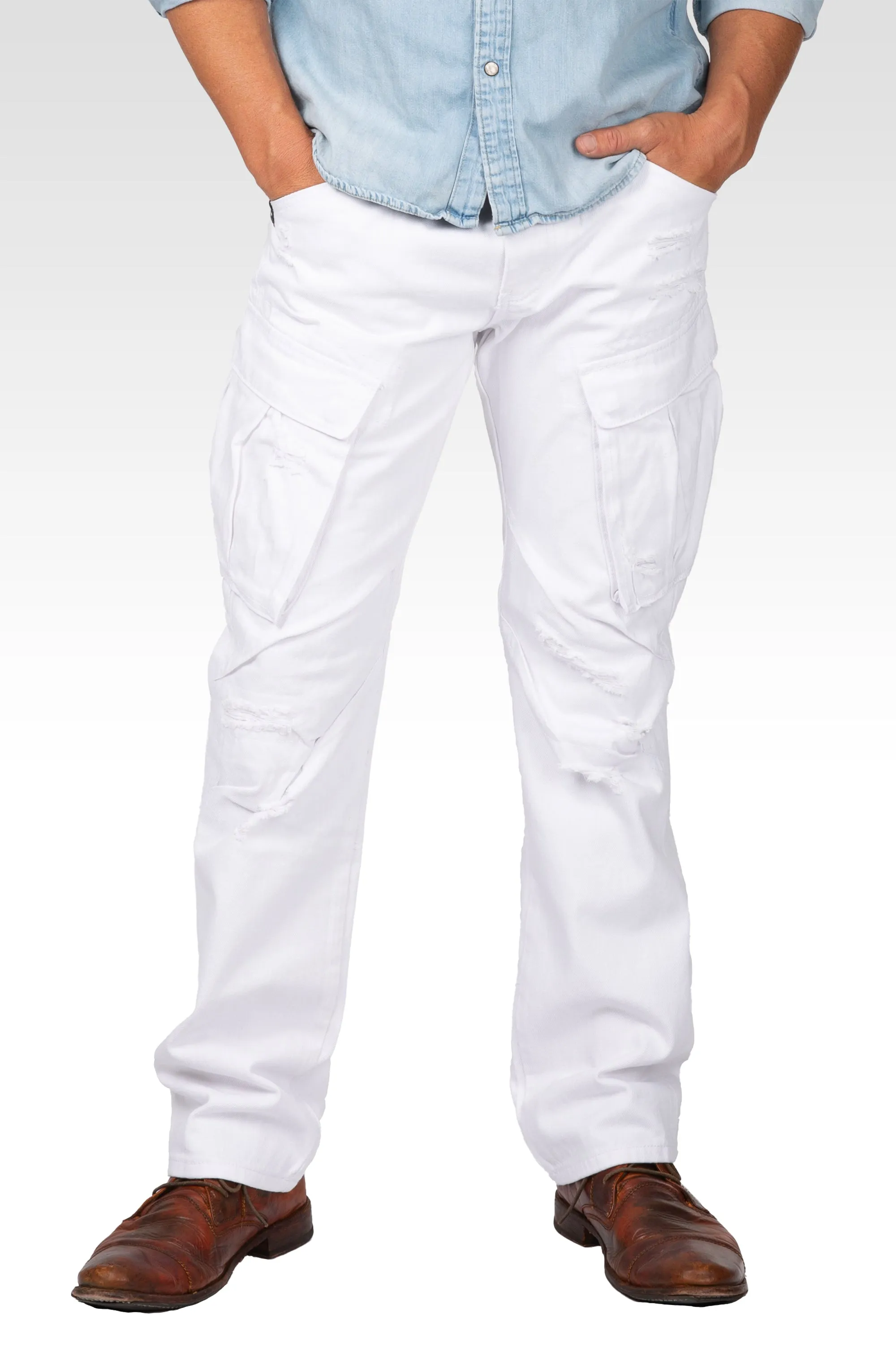 Slim Straight Distressed & Mended White Premium Denim Cargo Pocket Jeans