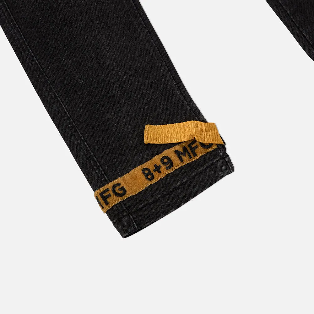 Strapped Up Slim Utility Jeans Black Denim Gold Straps