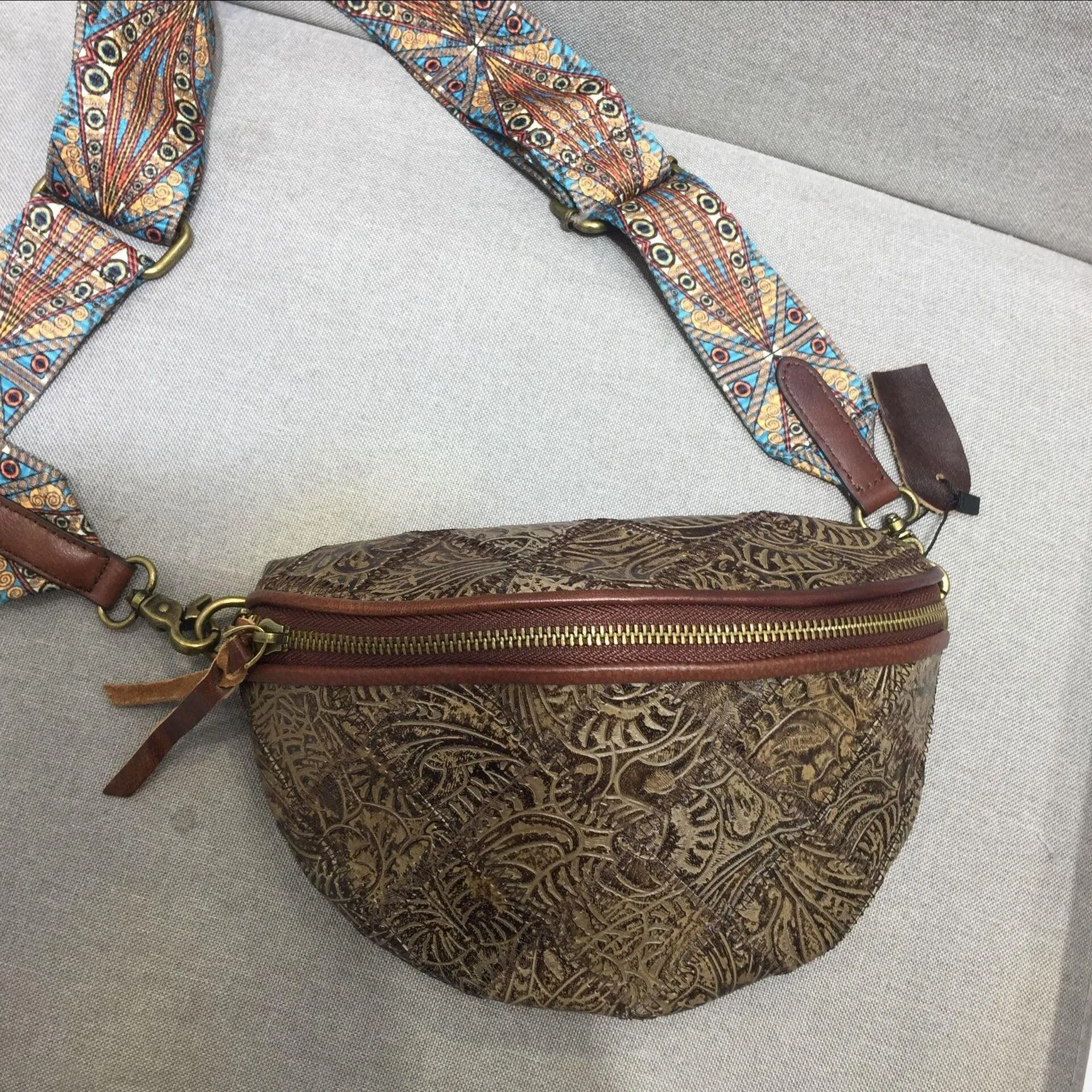 Vintage boho bohemian structured leather geometric tooled saddle bag, Handmade handbag, Small Leather Bag