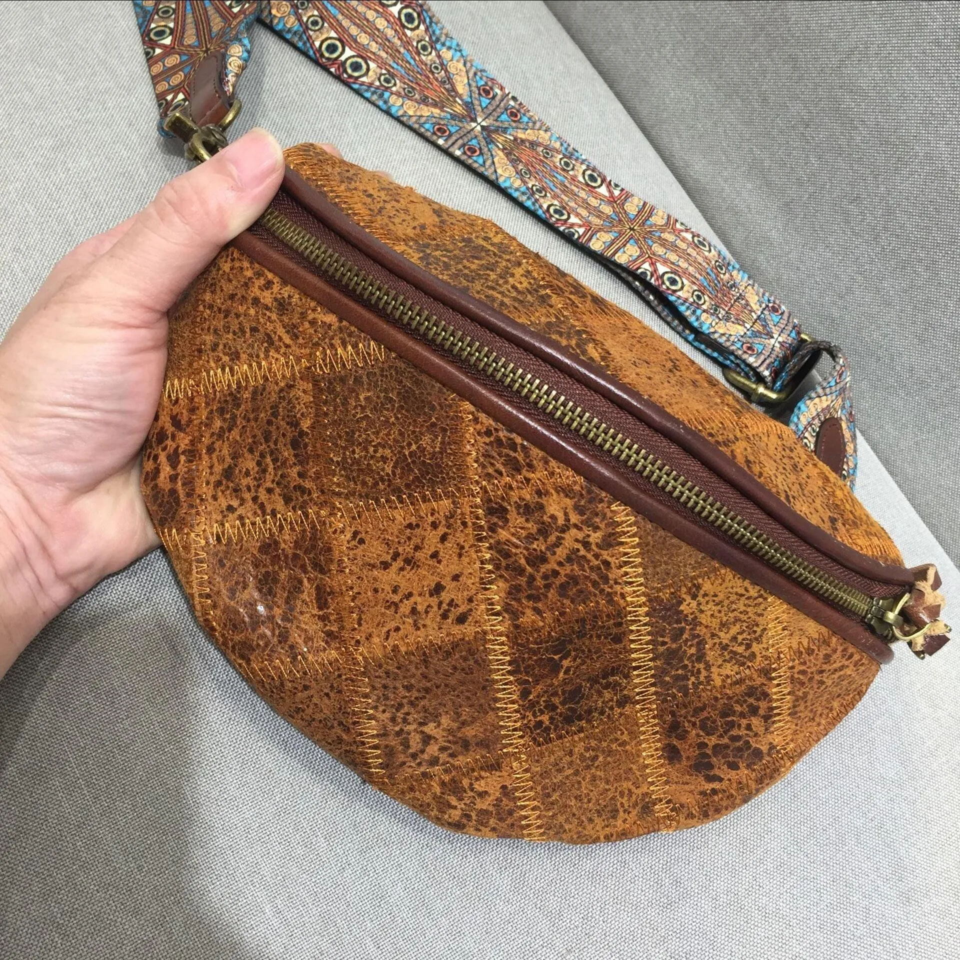 Vintage boho bohemian structured leather geometric tooled saddle bag, Handmade handbag, Small Leather Bag